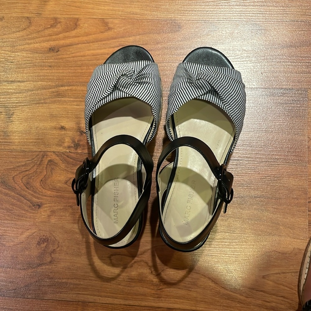 Marc Fisher wedge espadrille with fabric and faux leather upper